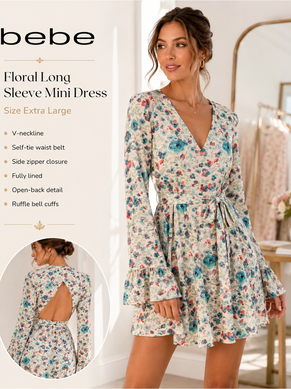 bebe Glitchy Floral Print Mini Dress with Tie Waist - XL